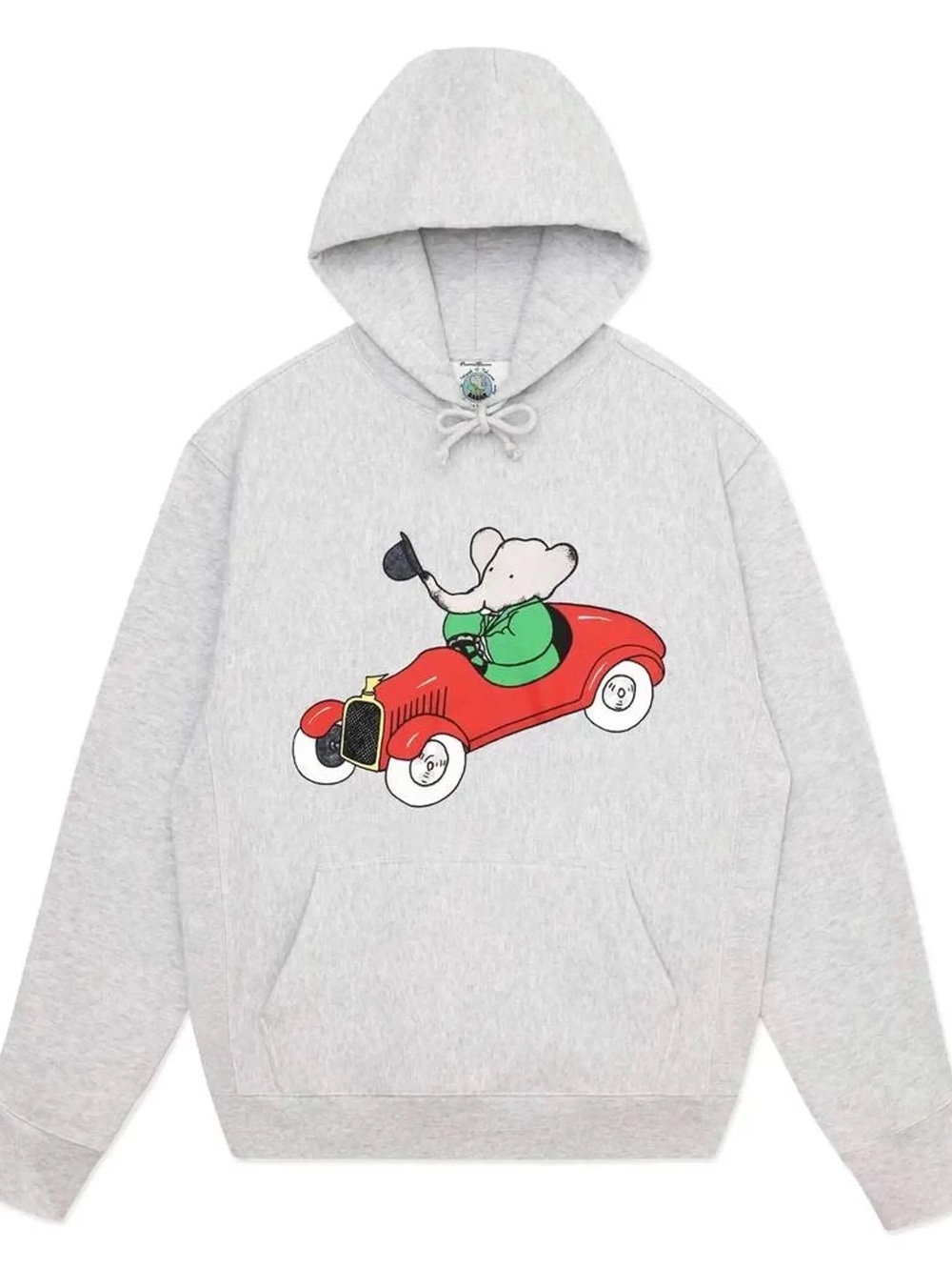 Rowing Blazers Light Gray Hoodie with Red Car & Green Elephant Graphic